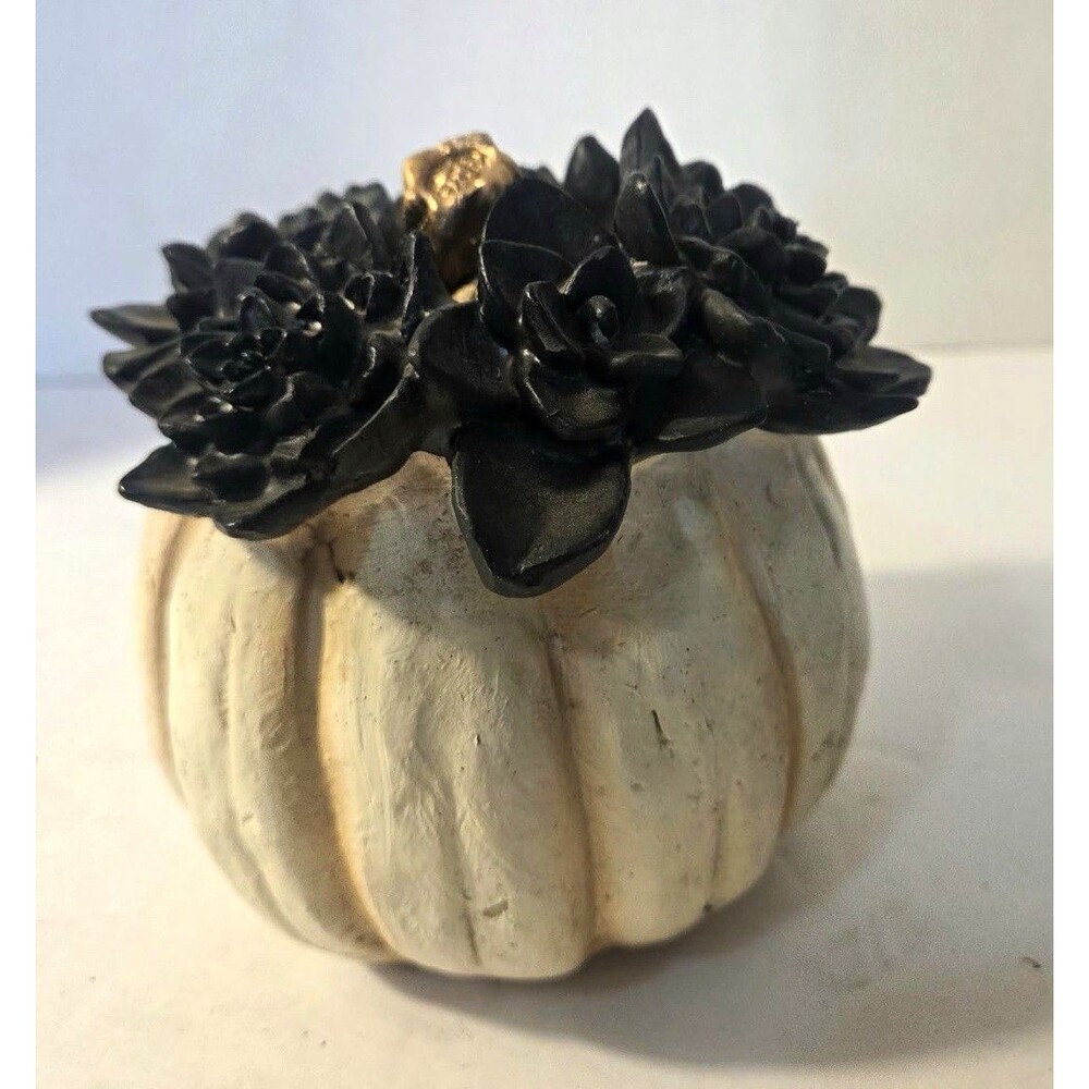 Holiday Home Seasonal Pumpkin Figurine White Black Gold Freestanding 5" Decor